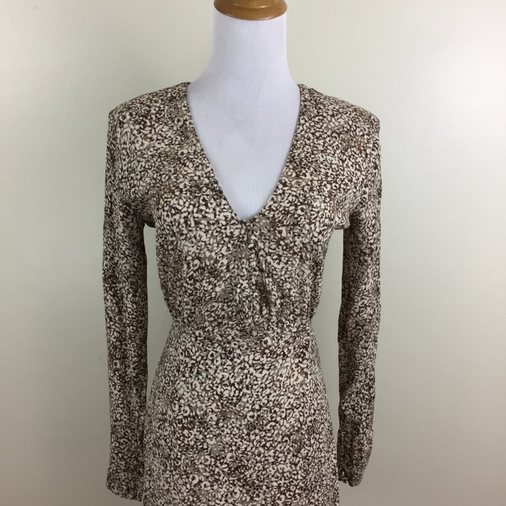 NWT ZARA Beige Brown Ivory Printed Front Overlay Long Sleeve Lined Dress - Picture 5 of 9